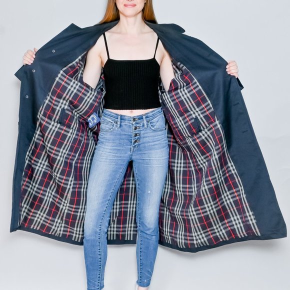 117. BURBERRY London VINTAGE Heritage Trench Men's Blue Collared Car Coat 44 R - Picture 9 of 10